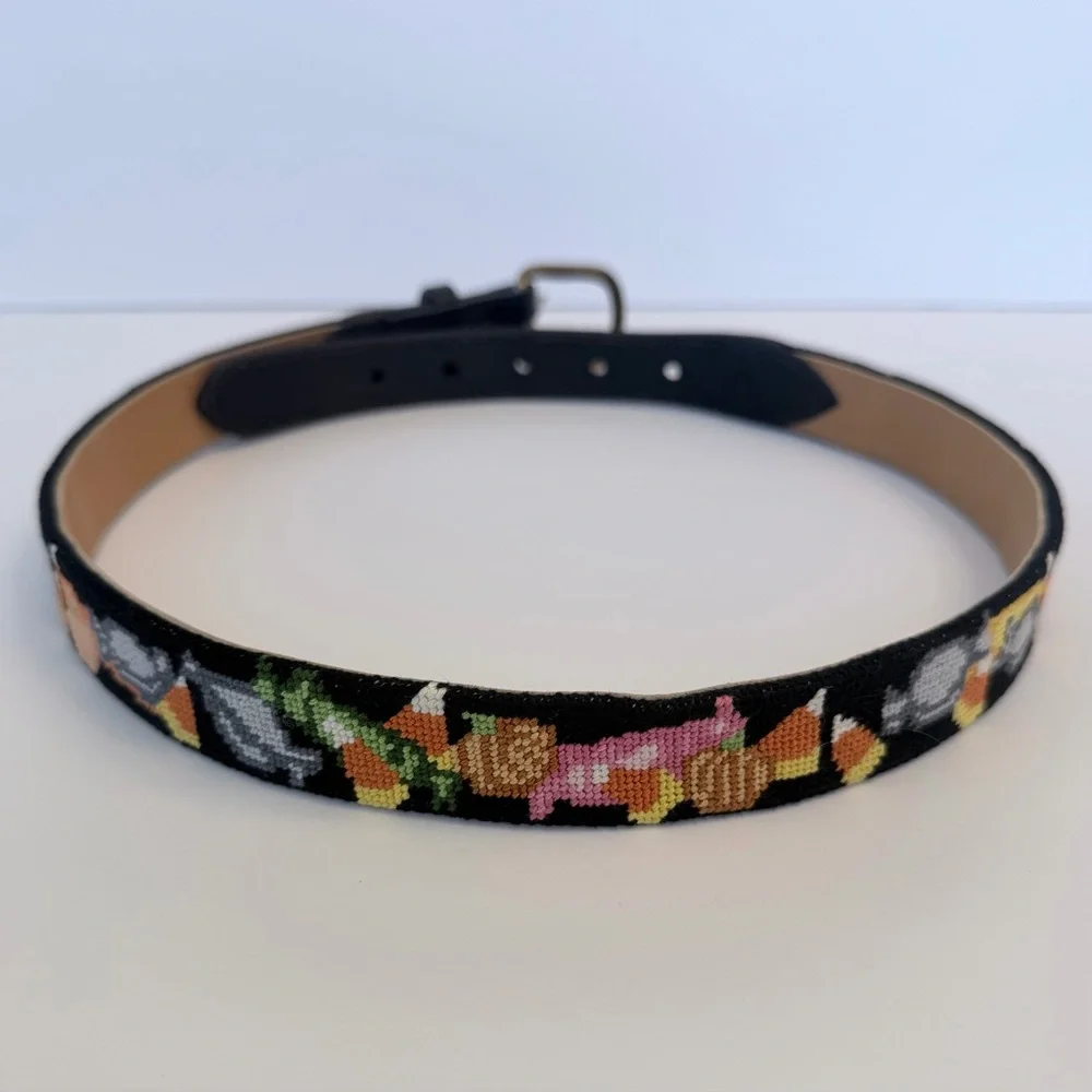 Needlepoint hand stitched vintage belts with solid brass buckles